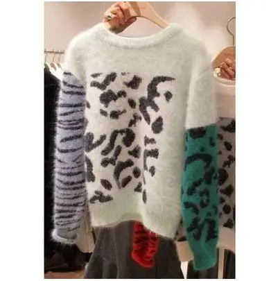 green sweaters Korobov Harajuku женские свитера Новинка Sueter Mujer лоскутный мохеровый женский свитер Леопардовый принт пуловер с круглым вырезом 76408 - Цвет: green sweaters