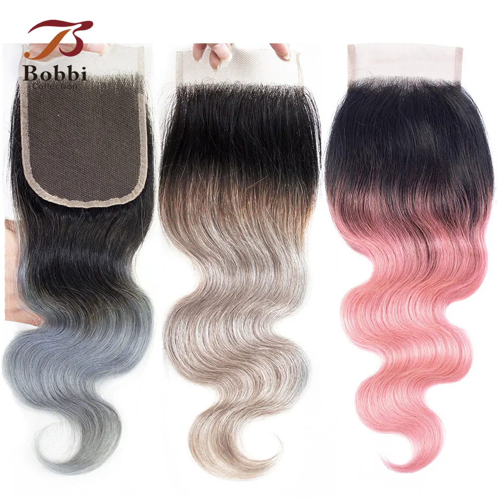 Bobbi Collection T 1B Dark Grey 4x4 Lace Closure Brazilian Body Wave Hair Rose Pink Ombre Human Hair Remy Hair Free Middle Part