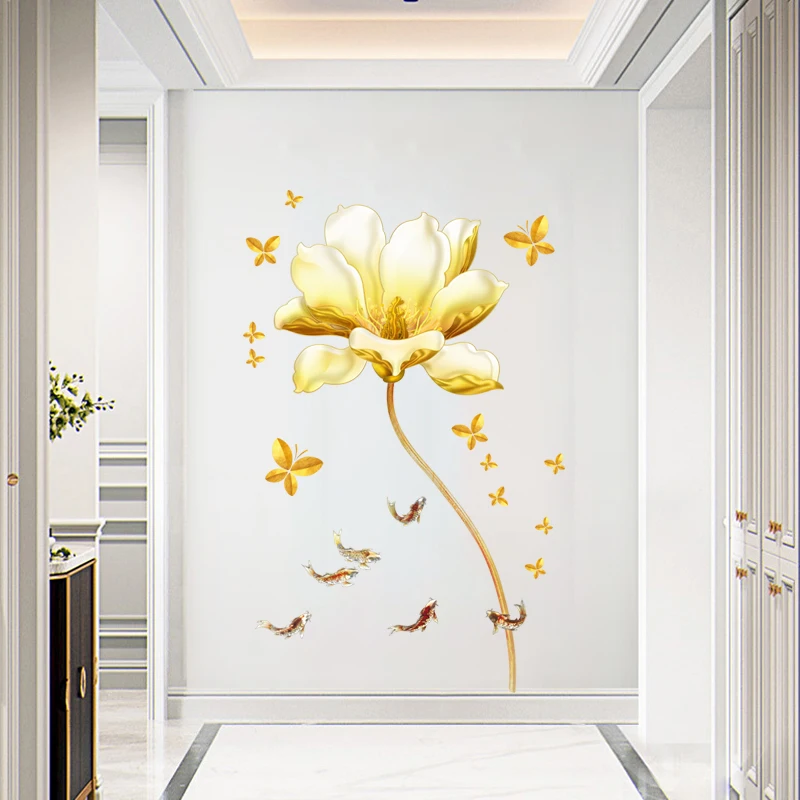 

Chinese Style Lotus Wall Stickers Flowers Gold Living Room Sofa TV Backdrop Decal Corridor Decor PVC Self-adhesive Wallpaper