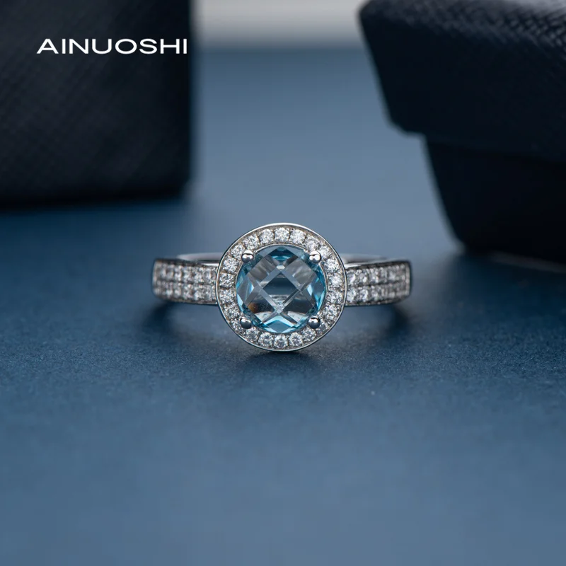 

AINUOSHI Classic Gemstone Ring 18K White Gold Halo Round 1.101ct Blue Topaz 0.382ct Real Diamond Engagement Ring Women Jewelry