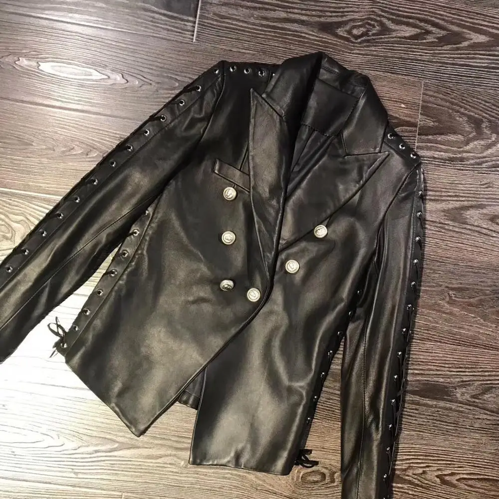 Sheepskin coat real genuine jacket with buttons 2020 autumn fashion overcoat leather business suit women