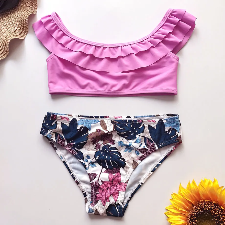 Женский купальник с открытыми плечами бикини оборками для девочек-подростков