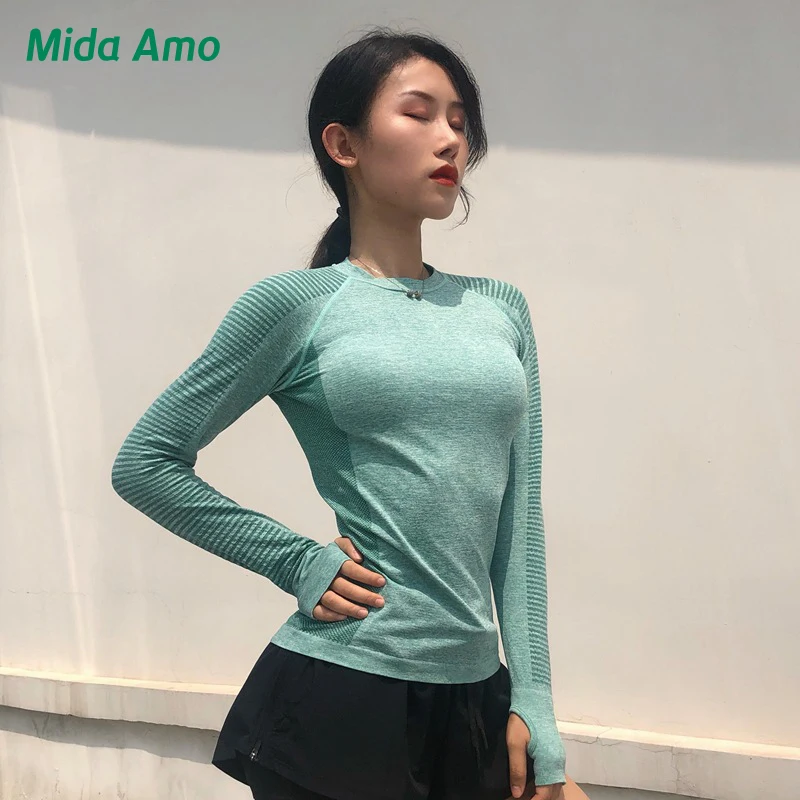 Mida Fitness Female Long-sleeved Sport Tops Breathable Workout T-Shirt Running Elastic Yoga Shirt Compression Sportwear | Спорт и
