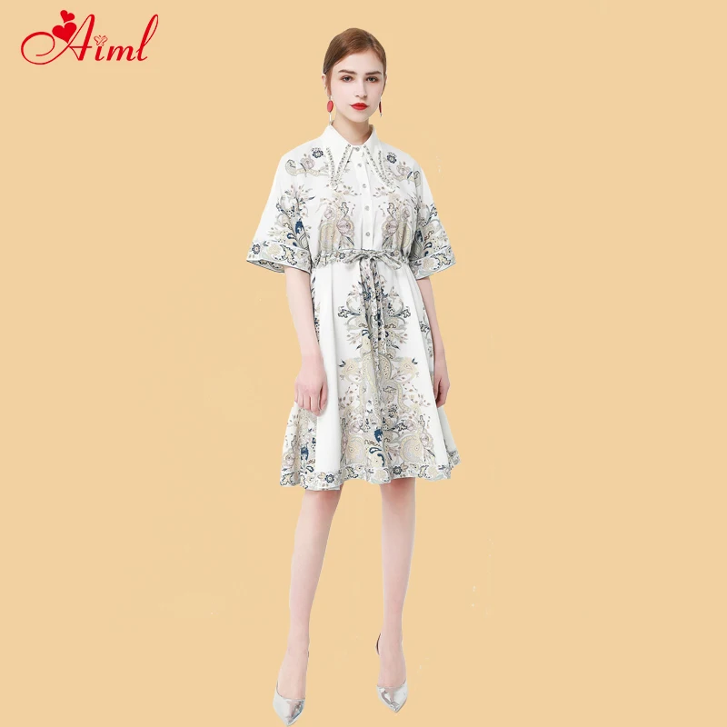 

Designer 2020 female summer elegant Lapel diamonds short sleeve fit waist dress lady party dresses holiday dresses new robe