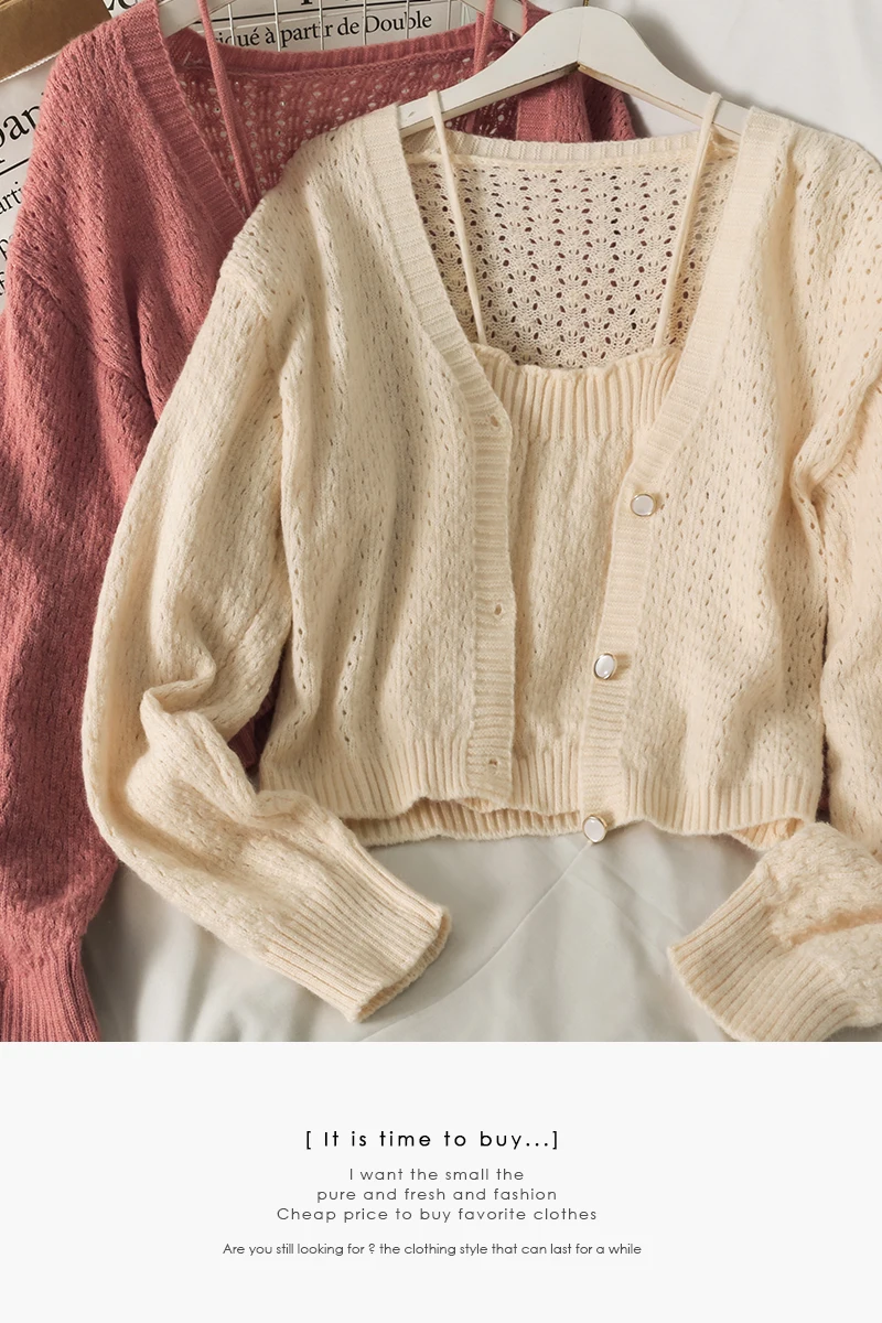 

Set female 2021 summer hollow perspective thin single-breasted long-sleeved knitted top with a short slim sling