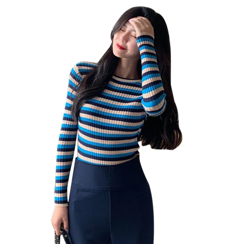 Трикотажные полосатые базовые футболки в Корейском стиле Женская Осенняя