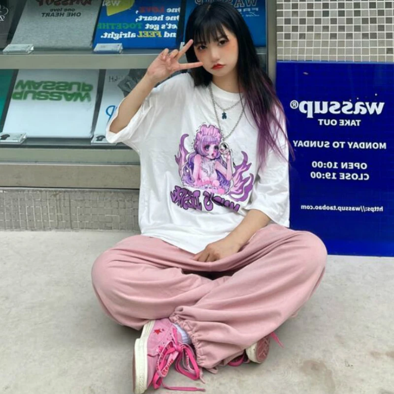 

Casual Pants Women Drawstring Hem Elastic Waist Loose Baggy Harem Solid Pink Cool Girls Jogger Womens Korean Streetwear Quality
