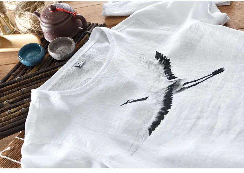 

linen Men's pure o-neck short sleeve t-shirt with Crowned Crane bird print white summer causal tees men new arrivals shirts