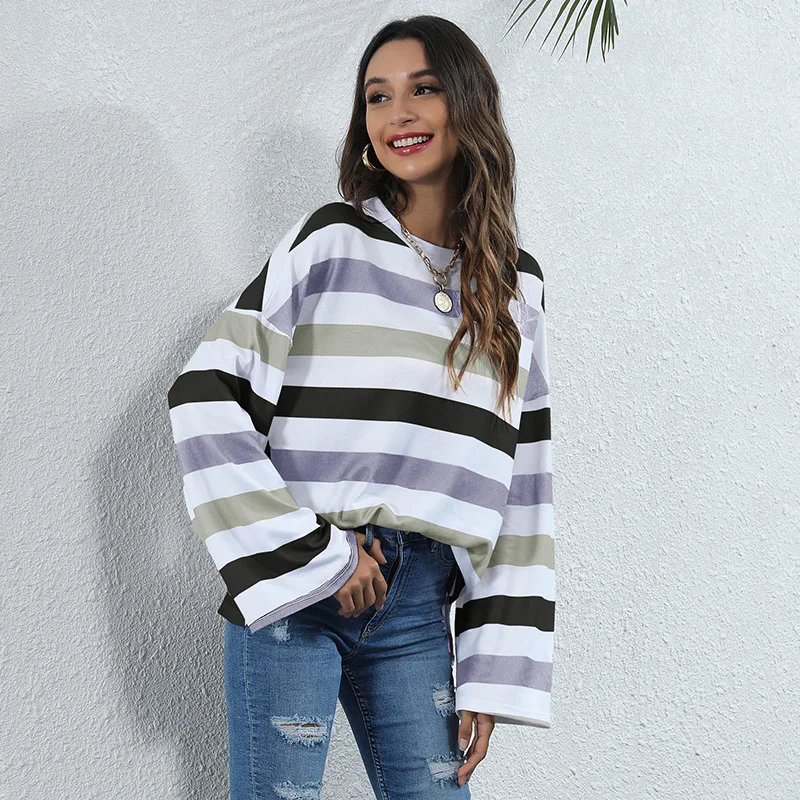 

2022 Women Round Neck Striped Printed T-shirt Spring Long Sleeve T Shirt Fall Casual Loose Tops Female Flared Sleeve Pullover