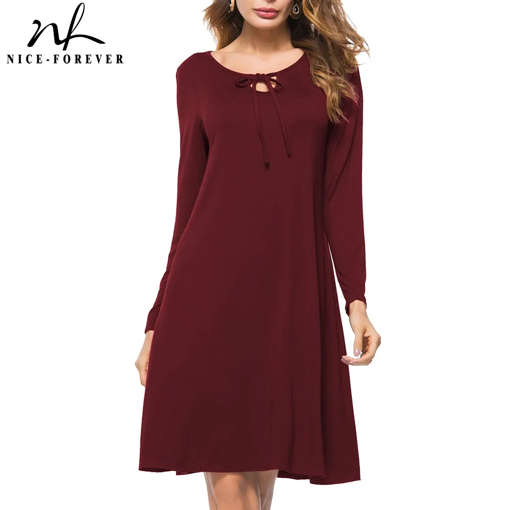 

Nice-forever Autumn Women Classic Pure Color Dresses Casual Loose Shift Straight Dress btyT021