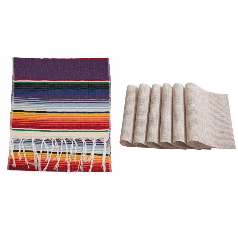 

1 Pcs Mexican Table Runner Fringe Cotton Tablecloth & 6 Pcs Beige Placemats Wipeable Easy To Clean Table Placemats