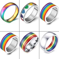 men women rainbow colorful ring round engagement wedding stainless steel rings trendy band lesbian gay couple rings jewelry