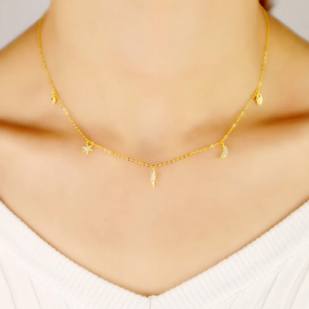 Latest pure 925 sterling silver cz mirco paved eye mini sun light moon hand charm pendant necklace gold color women wedding gift | Украшения