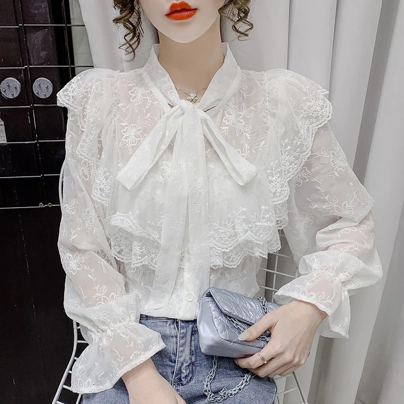 

Lace Women's Blouse Casual O-neck Girl's Shirt Summer Casual Fashion New Long Sleeve Top Korean Office Lady Blusas Houthion