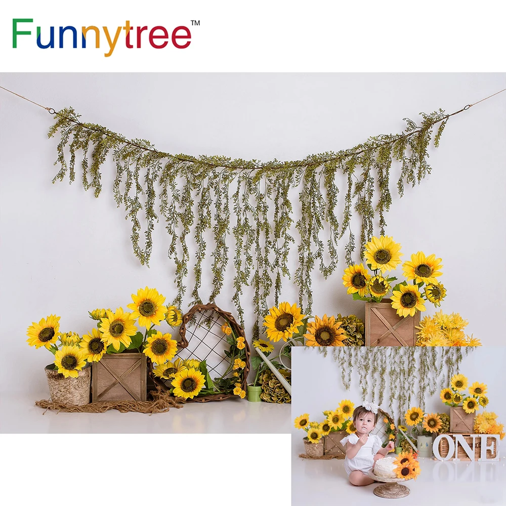 

Funnytree Smash Cake Child Portrait Background For Photography Indoor Spring Sunflower Baby Shower Photocall Photobooth Decor