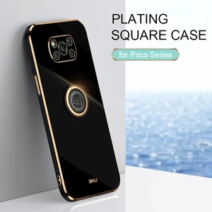 plating square ring holder phone case on for xiaomi mi poco x3 pro x 3 nfc gt 5g poko x3pro luxury soft silicone stand cover free global shipping