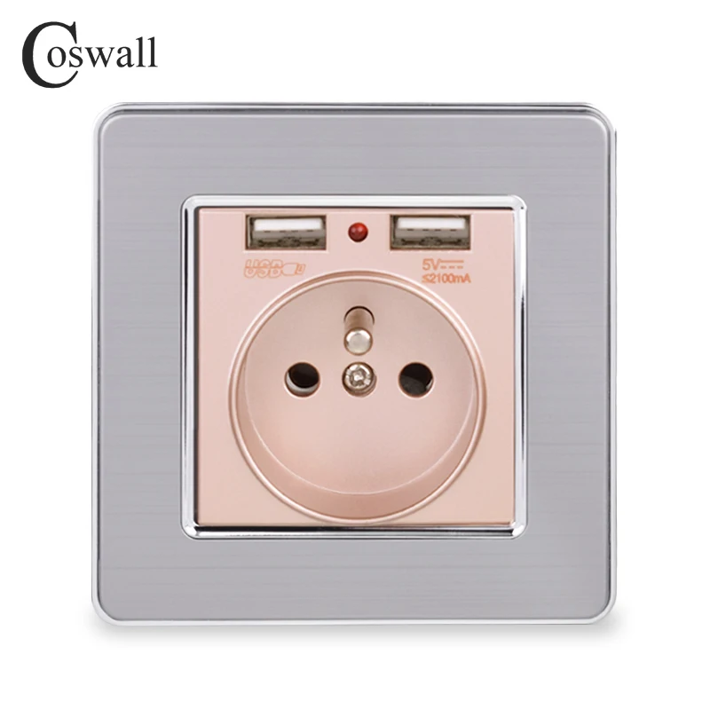Coswall двойной usb зарядный порт 5 в 2.1A светодиодный индикатор 16A французская настенная розетка панель из нержавеющей стали Серый Черный Белый Золотой