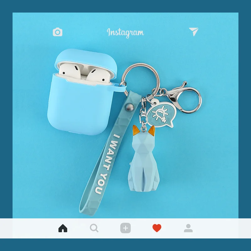 

For Airpods 1/2 Case Apple Airpods Blue Cat Protective Case Cute For Girls Animal Charging Box Cover With Keychain Funda Airpods