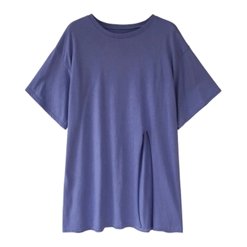 

Tee Shirt Basis Solid Color Loose hem slit bottoming mid-length top T Shirt Women Casual O-neck Harajuku Summer Top