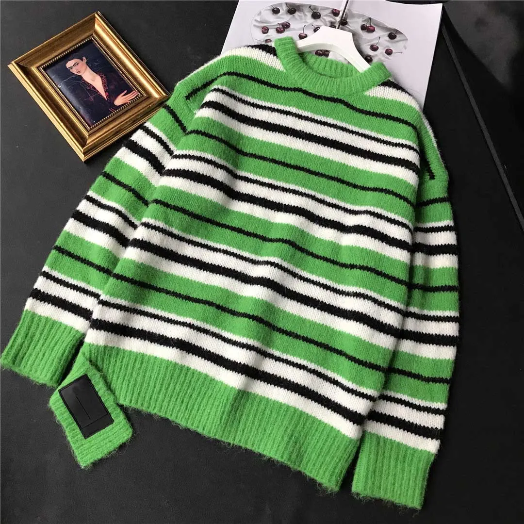 

Korean version of the green striped knitted cardigan couple mid-length round neck casual sweater female autumn and winter new