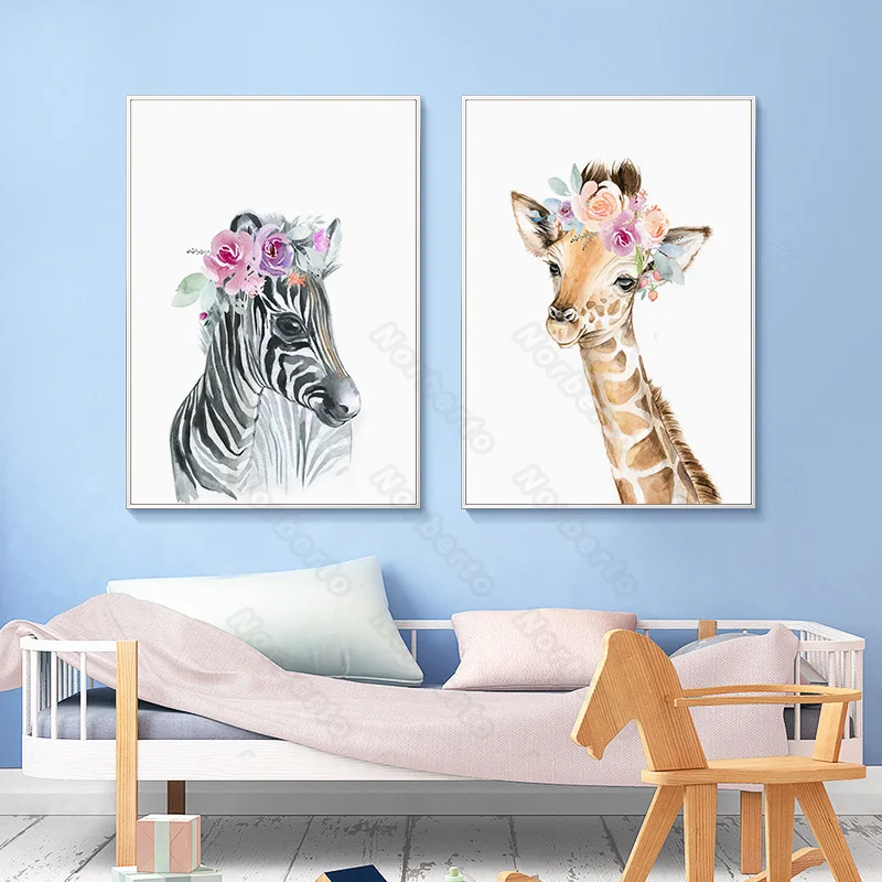 

Cute Animals Canvas Painting Wall Poster Zebra Elephant Giraffe and Dog Wearing a Flower Garland for Home Rooms Wall Decoration