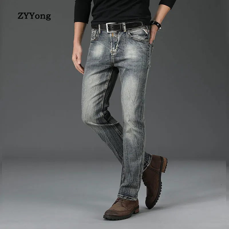 Retro Flared Jeans Men's Boot Cut Slightly Flare Slim Retro Blue High Quality Stretch Slim Classic Casual Pants Gray Trousers