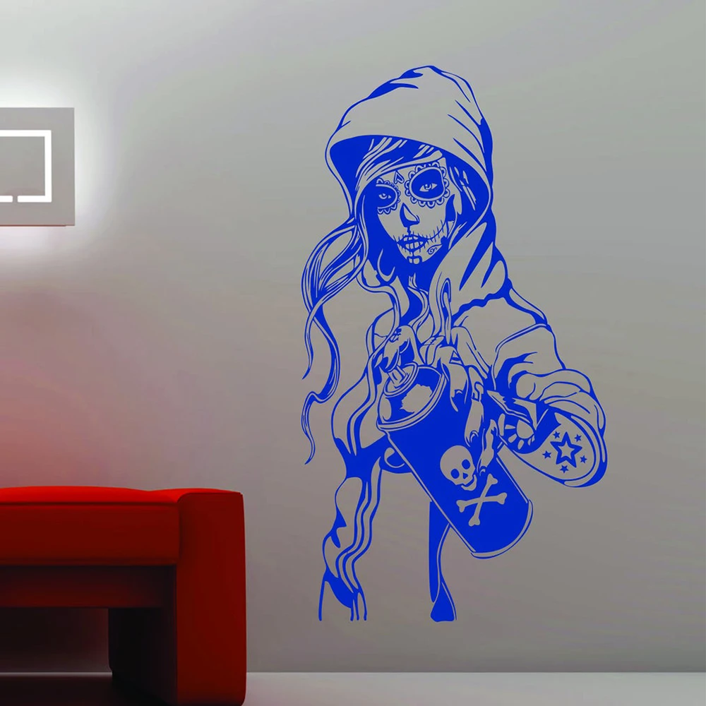 Тату-Наклейка на стену с изображением девушки конфеты сахара черепа Граффити