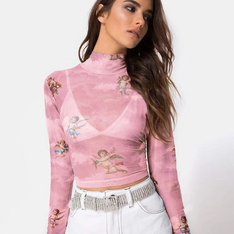 Сексуальный женский прозрачный сетчатый топ с коротким рукавом просвечивающий