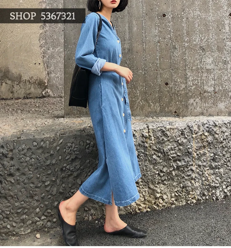 Джинсовое платье для женщин опт осень 2019 новинка v образный вырез длинный рукав