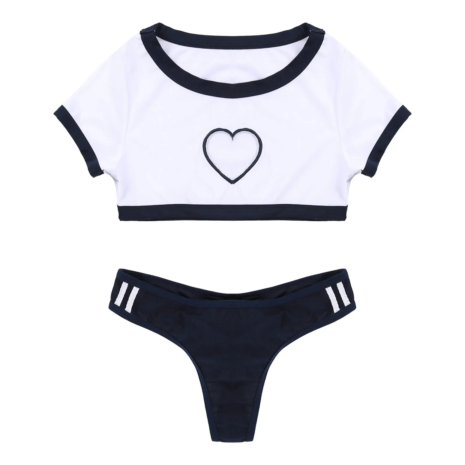 

Women Lingerie Suit Bunny Girls Cosplay Costumes Sleepwear Round Neck White Summer Short Sleeve Crop Top with Briefs Nightwear