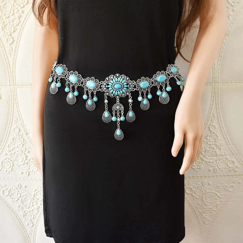 

Gypsy Ethnic Silver Metal Carved Festival Skirt Retro Belly Dance Waist Chain Body Blue Gemstone Sexy Belt Boho Turkish Jewelry