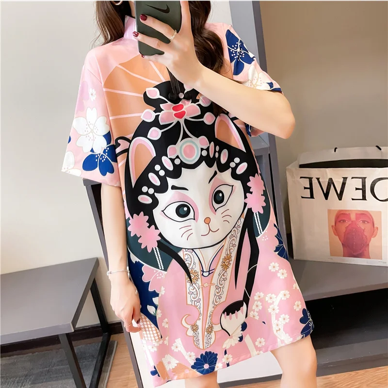 #4242 Summer Short Sleeve T Shirt Women Stand Collar Chinese Style Vintage Casual 3D Printed Long T Shirt Female Loose Retro