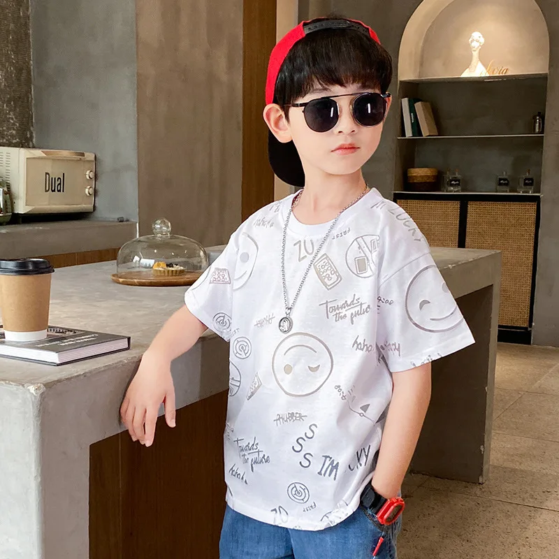 

Boys Short-sleeved T-shirt Smiley Face Fashion Summer Children's Tops In The Big Children's Tide Brand 2021 New Summer Tide