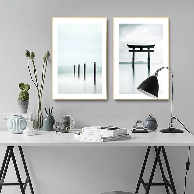 

Chinese Style Minimalist Light Blue Waterproof Ink Printing Lake Water Yoga Canvas Simple Style Frameless Decorative Painting