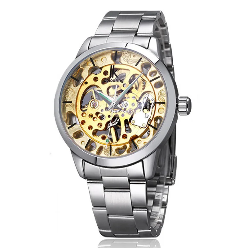 

IK colouring Watch Men Mechanical Watches Fashion Hollow Skeleton Watches Stainless Steel Men Watches Casual Watch Montre Homme