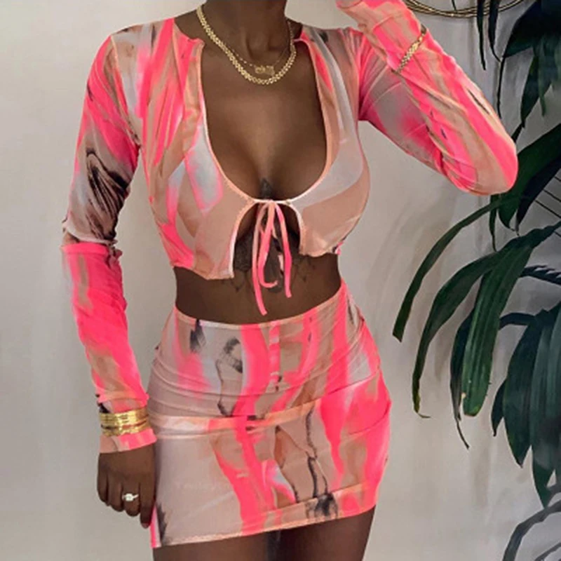 

Sexy Mesh See Though 2 Piece Outfits Full Sleeve low-neck Bandage Sling Crop Top Mini Dress Matching Set Fashion Clubwear