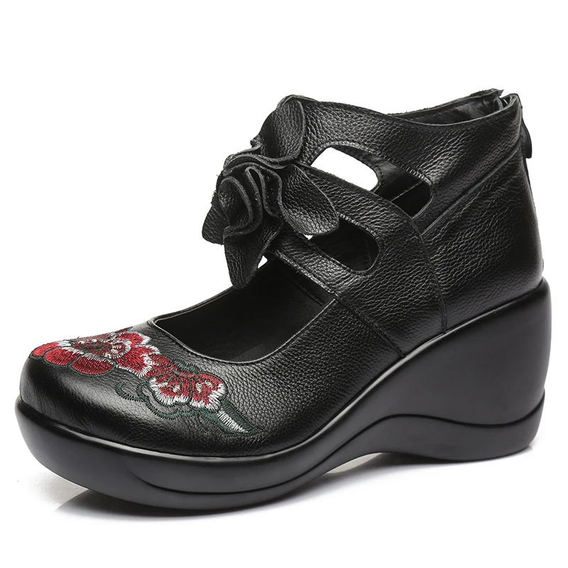 

2020 Embroider Flowers Women Pumps Genuine Leather Platform Wedges Heels Ethnic Retro Wedding Ladies Shoes Zapatos De Mujer