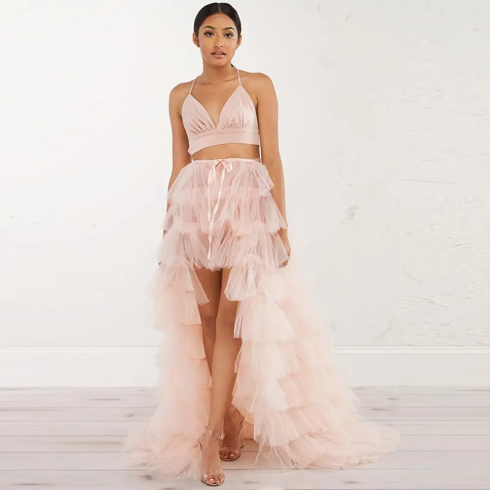 

Gorgeous Sexy High Low Tulle Over Wrap Skirts Women See Thru Long Tulle Detachable Train Ruffles Tiered Tutu Skirt