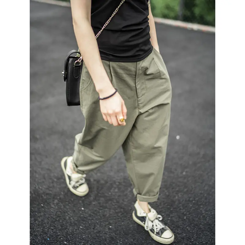 

2021 New Arrival Summer Korean Style Women Casual Loose Ankle-length Pants All-matched Cotton Button Fly Waist Harem Pants W501