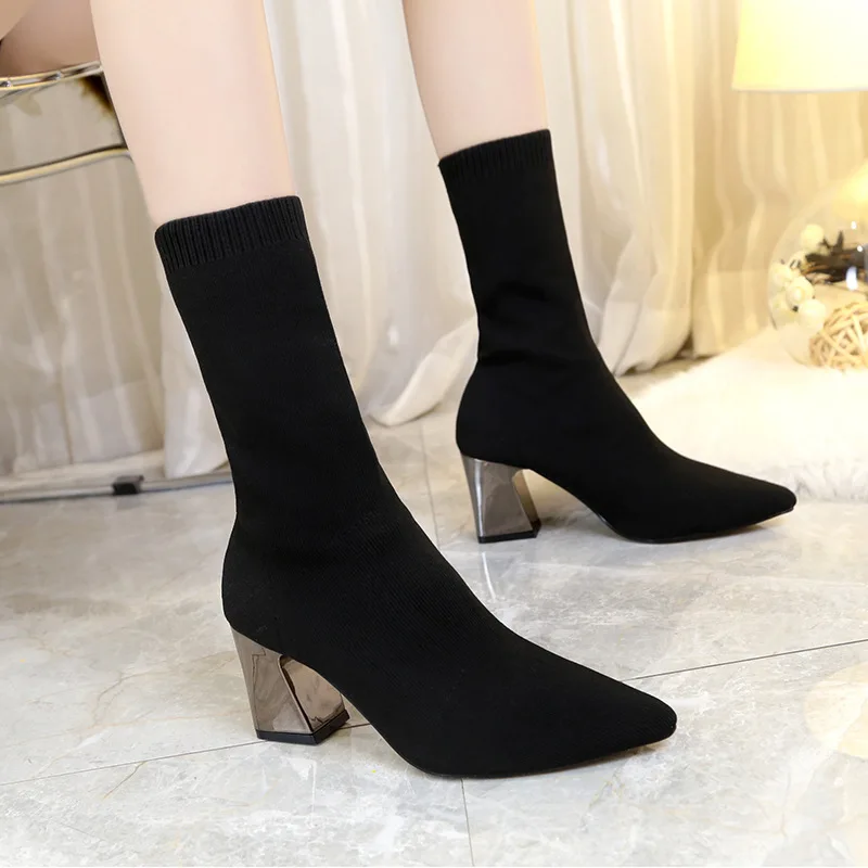 

Women Black Ankle Sock Boots 2019 Fashion Spring Autumn Stretch Boots Chunky High Heels Pointed Toe Women Shoes 1218