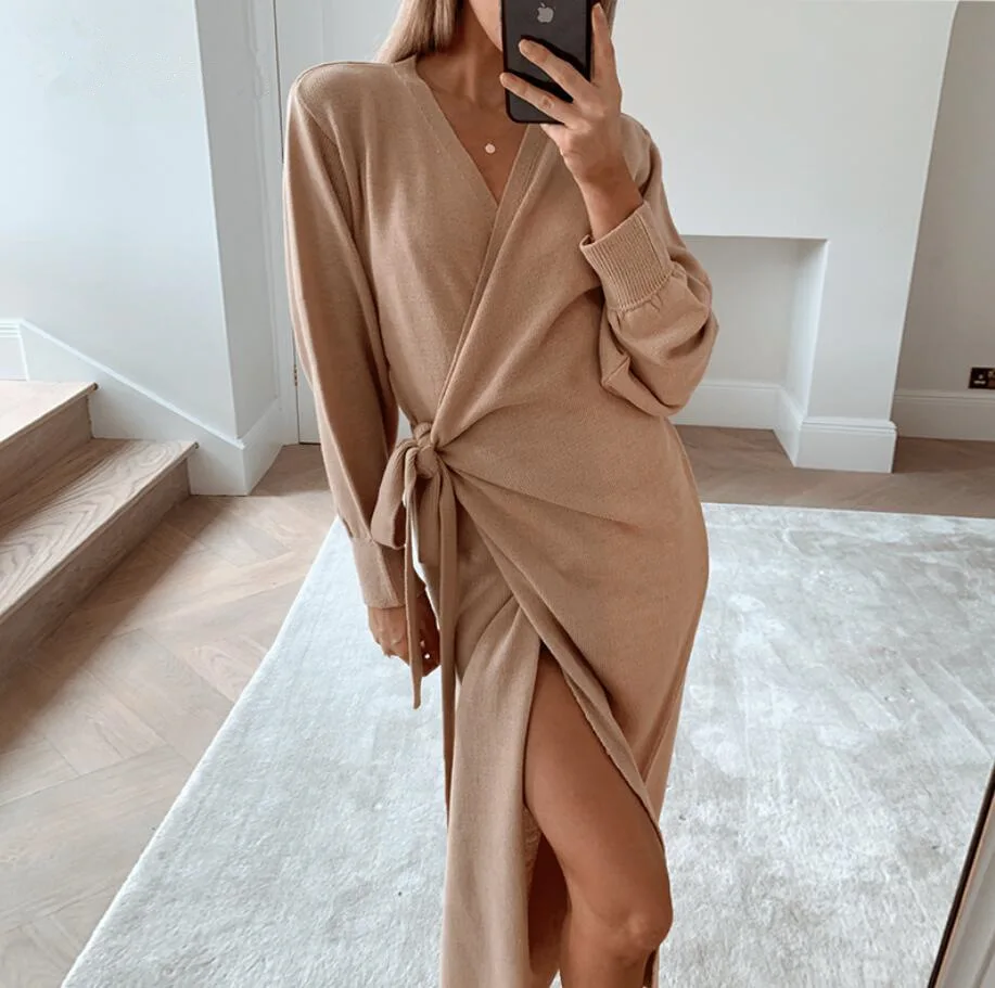 

Mandylandy Autumn Sexy Long Sleeve Solid Color Knitted Dress Women's Casual Lace-up V-neck Slit Elegant Knitted Robe Dress