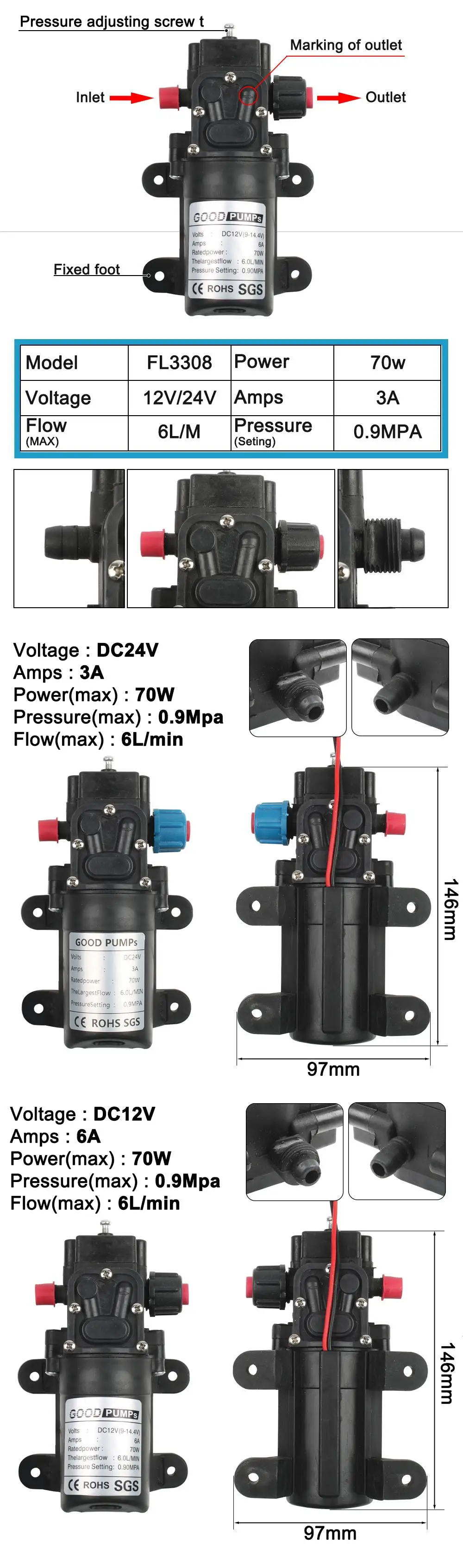Микро электрический мембранный Водяной насос DC12V24V 70 Вт высокого давления для мытья автомобиля спрей водяной насос 0.9Mpa 6л/мин