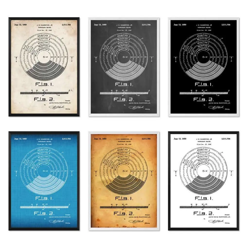 Vintage Vinyl Record 1950 Patent Music Blueprint Poster Canvas Painting Print Wall Décor Living Home Art |