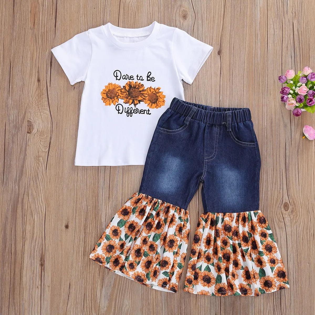 Kids Toddler Girls Clothes Set 2Pcs Sunflower Summer Short Sleeve T-shirts Patchwork Denim Flare Pants Suits Clothing Outfits | Детская