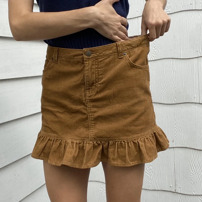 

2021 Fall Spring New Womens Vintage Corduroy Skirt Autumn Fashion Solid Color High-waist Ruffles Short Skirt