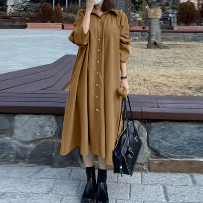 

Женское элегантное однотонное платье миди, осень 2022, платья ZANZEA с длинным рукавом, модное платье-рубашка, женское Повседневное платье-трапе...