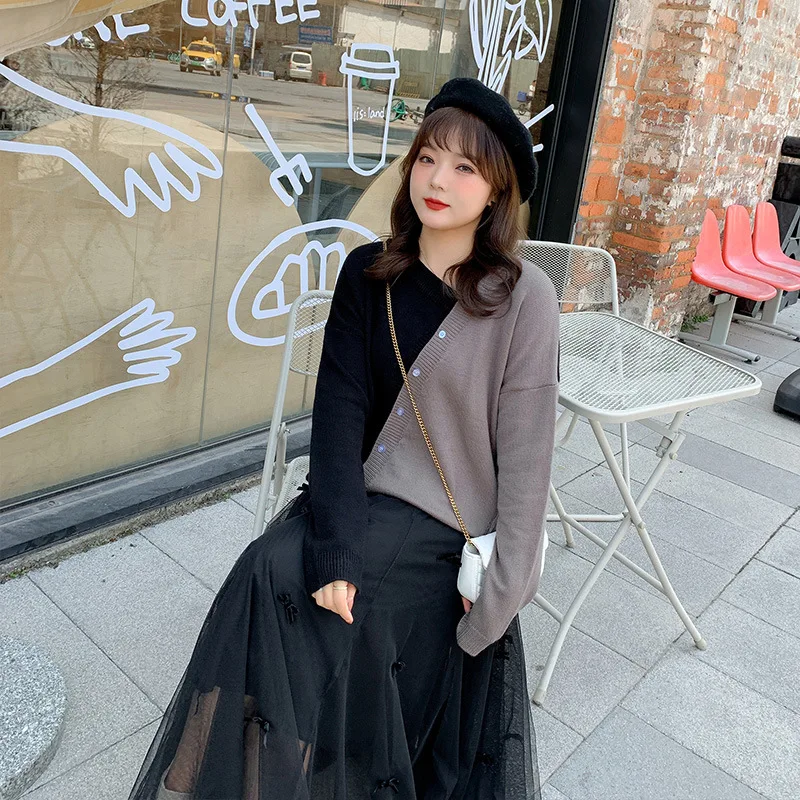 

Autumn Winter New Large Size Women Korean Leisure Temperament Slimming Oblique Buckle Contrast Color Irregular Splicing Sweater