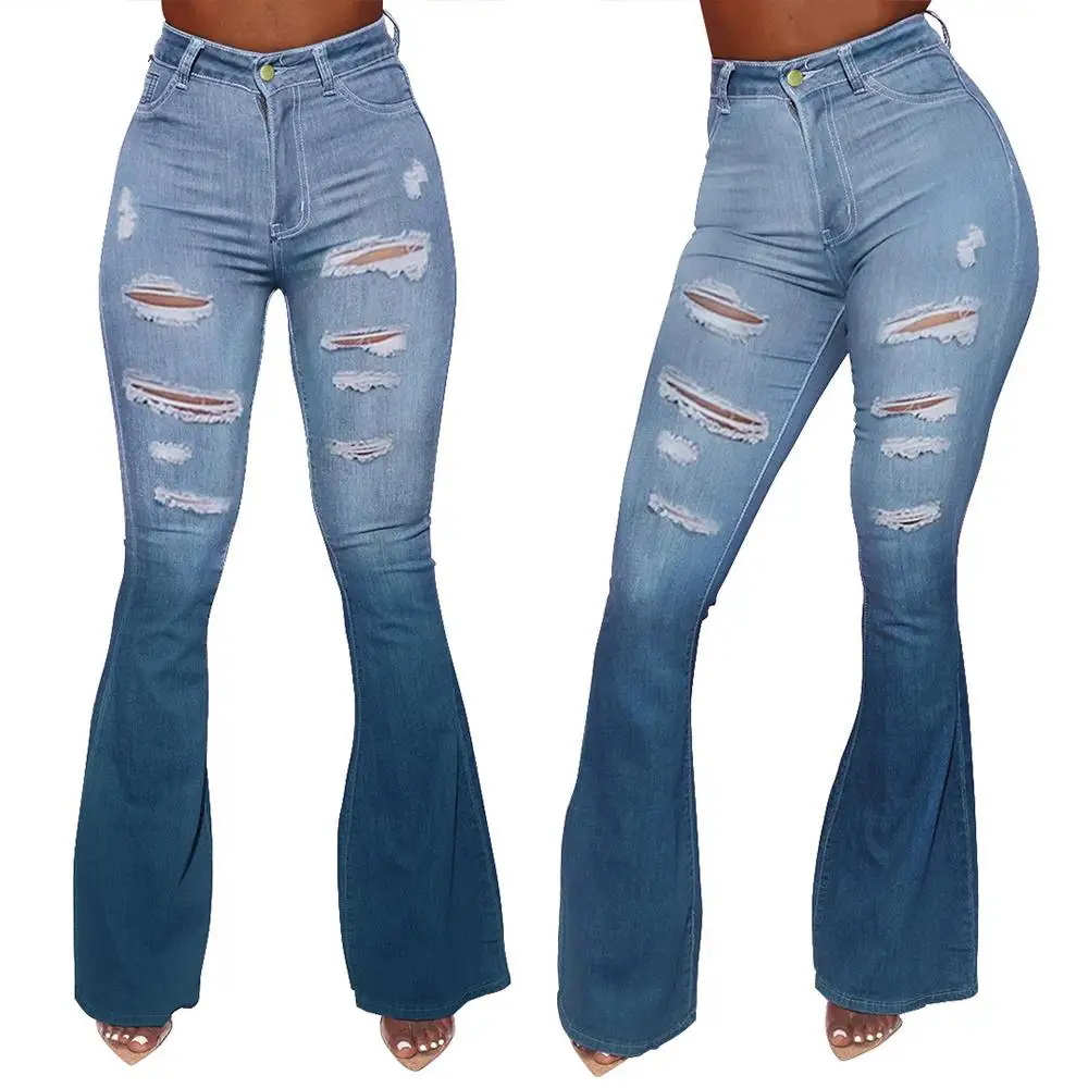 

Ladies Gradient High Waist Ripped Jeans Slim Fit Long Denim Pants Skinny Casual Trousers