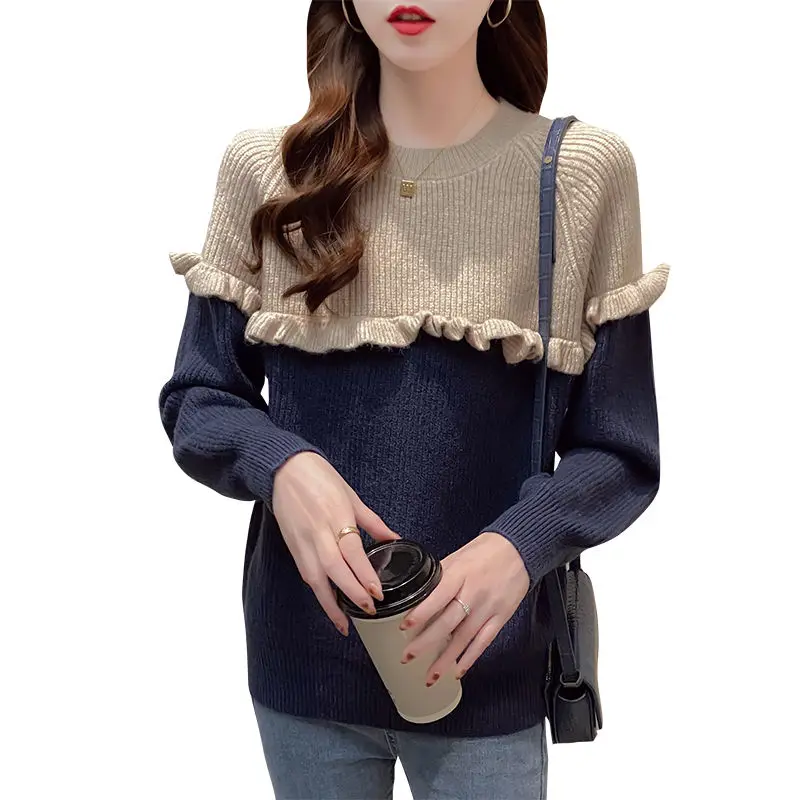 

Fashion color matching round neck pullover sweater women's 2021 new spring and autumn wear Joker slim bottoming sweater jacket