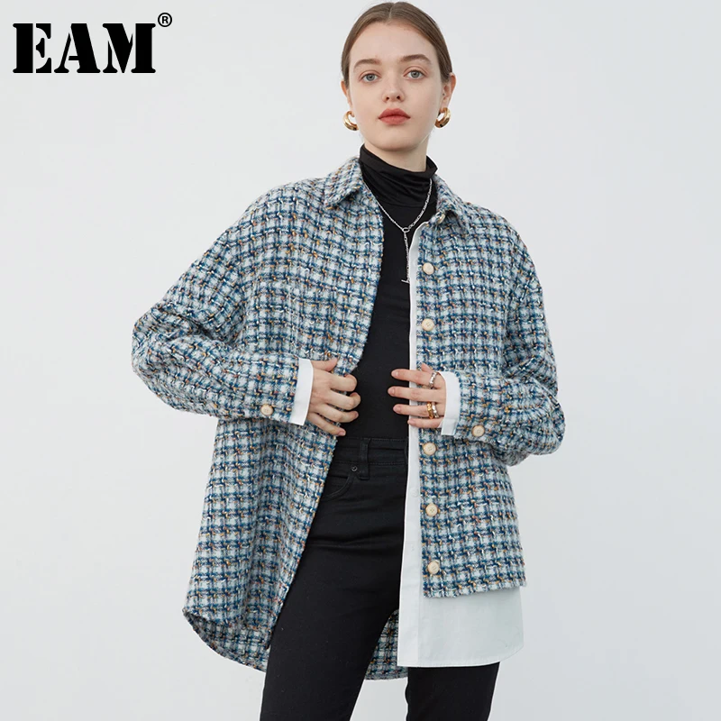 

[EAM] Свободная синяя твидовая куртка большого размера, Новое Женское пальто с отворотом и длинным рукавом, модное весенне-осеннее пальто 2022 ...